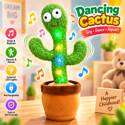 HelloKimi Singing & Dancing Cactus Plush Toy – Rechargeable Interactive Electronic Toy with 120 Songs, Wiggling & Copying Features, Safe PP Cotton Soft Doll, Perfect Kids Educational & Party Gift (32cm)